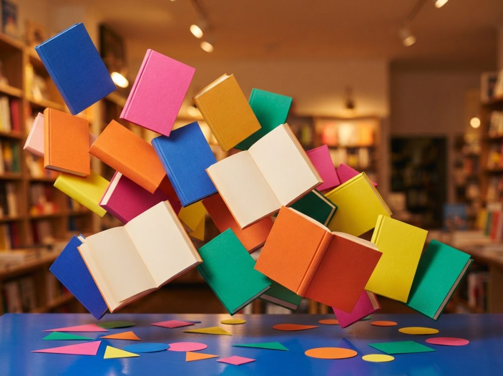 Livros coloridos a flutuar acima de uma mesa azul numa biblioteca iluminada e acolhedora