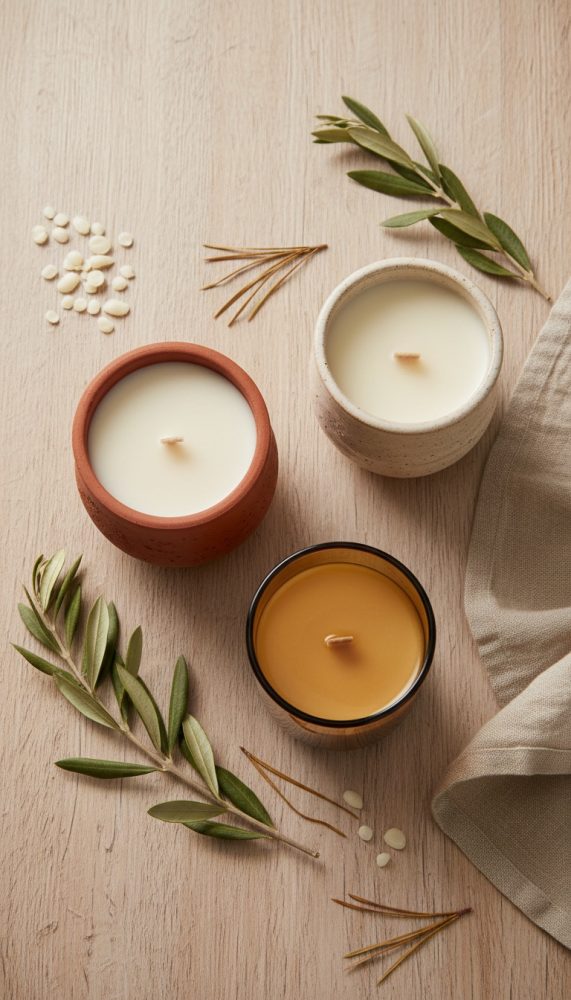 Três velas em recipientes de cerâmica e vidro com folhagem sobre fundo de madeira clara