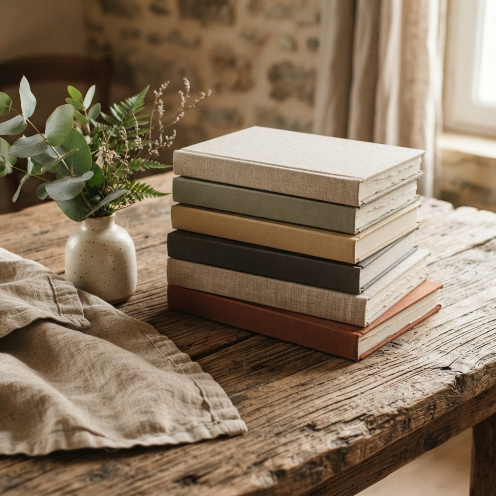 Pilha de livros com capas de tecido em tons neutros sobre mesa de madeira rústica com vaso de folhas verdes