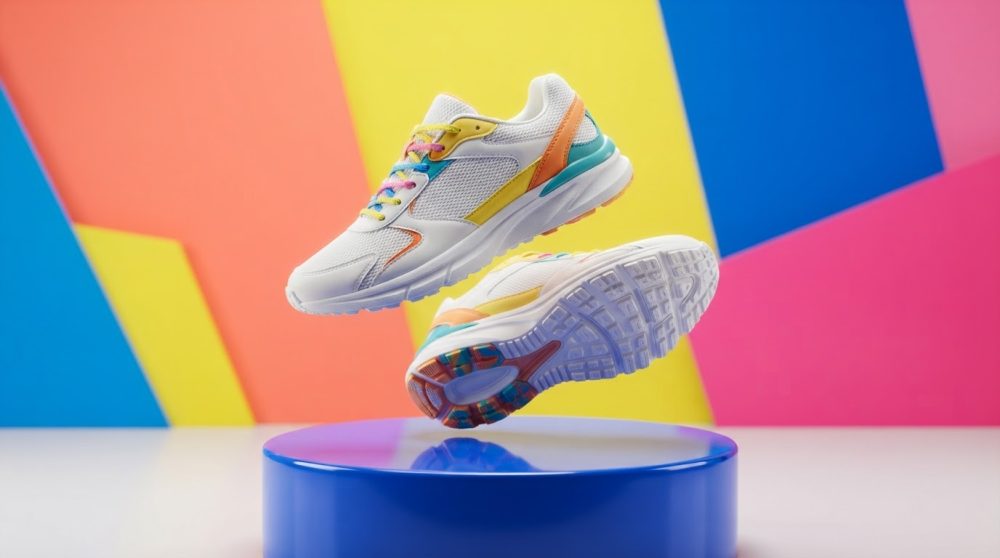 Sapatilhas desportivas brancas com detalhes multicoloridos suspensas sobre base azul com fundo geométrico colorido