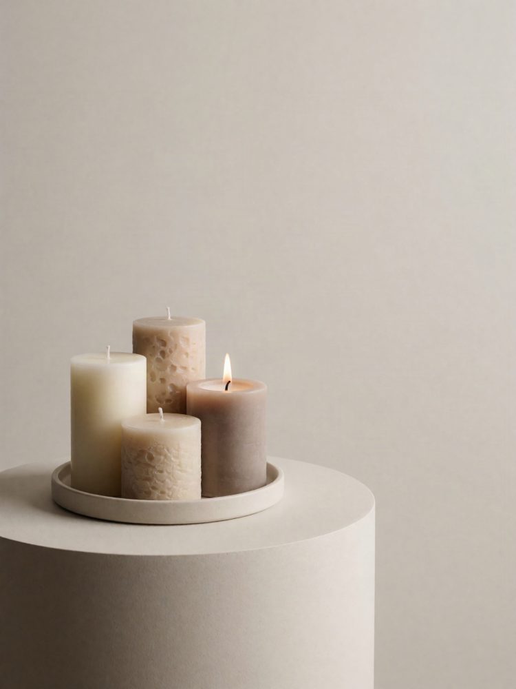 Conjunto de quatro velas cilíndricas neutras, uma acesa, sobre prato redondo creme