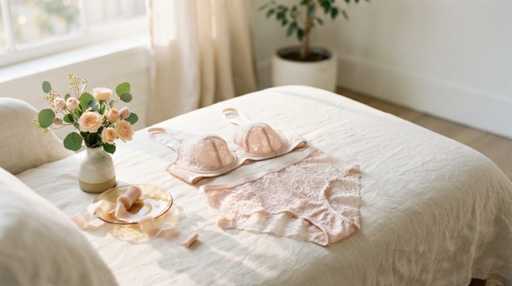 Conjunto de lingerie rendado rosa suave sobre cama clara com vaso de flores ao lado