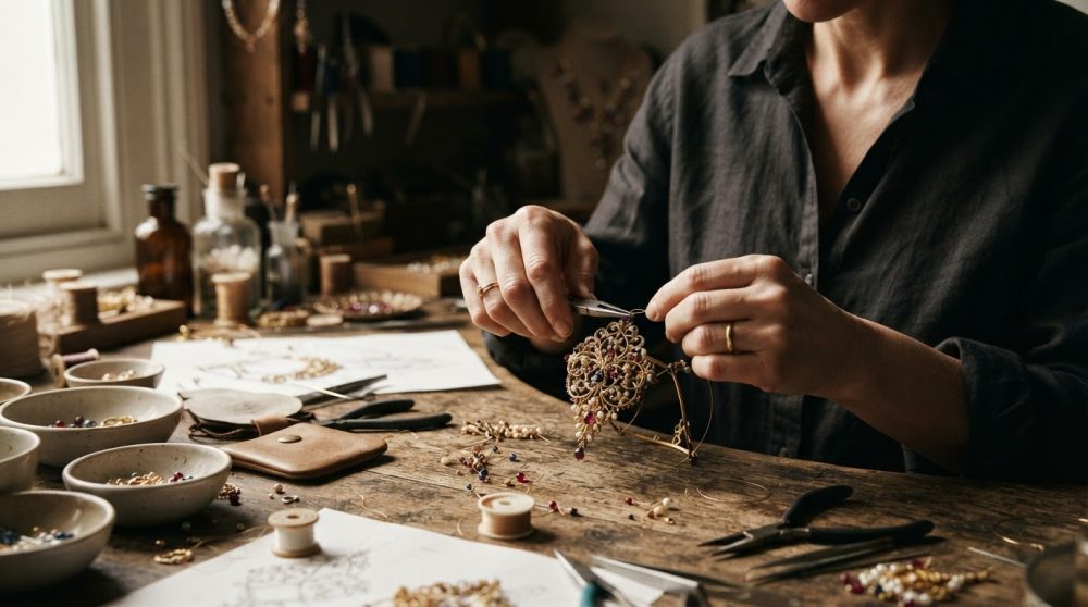 Mãos de artesão a criar joia com metais e contas coloridas numa mesa de madeira texturada