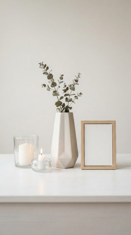 Vaso branco geométrico com flores secas, duas velas brancas e moldura de madeira clara sobre mesa branca