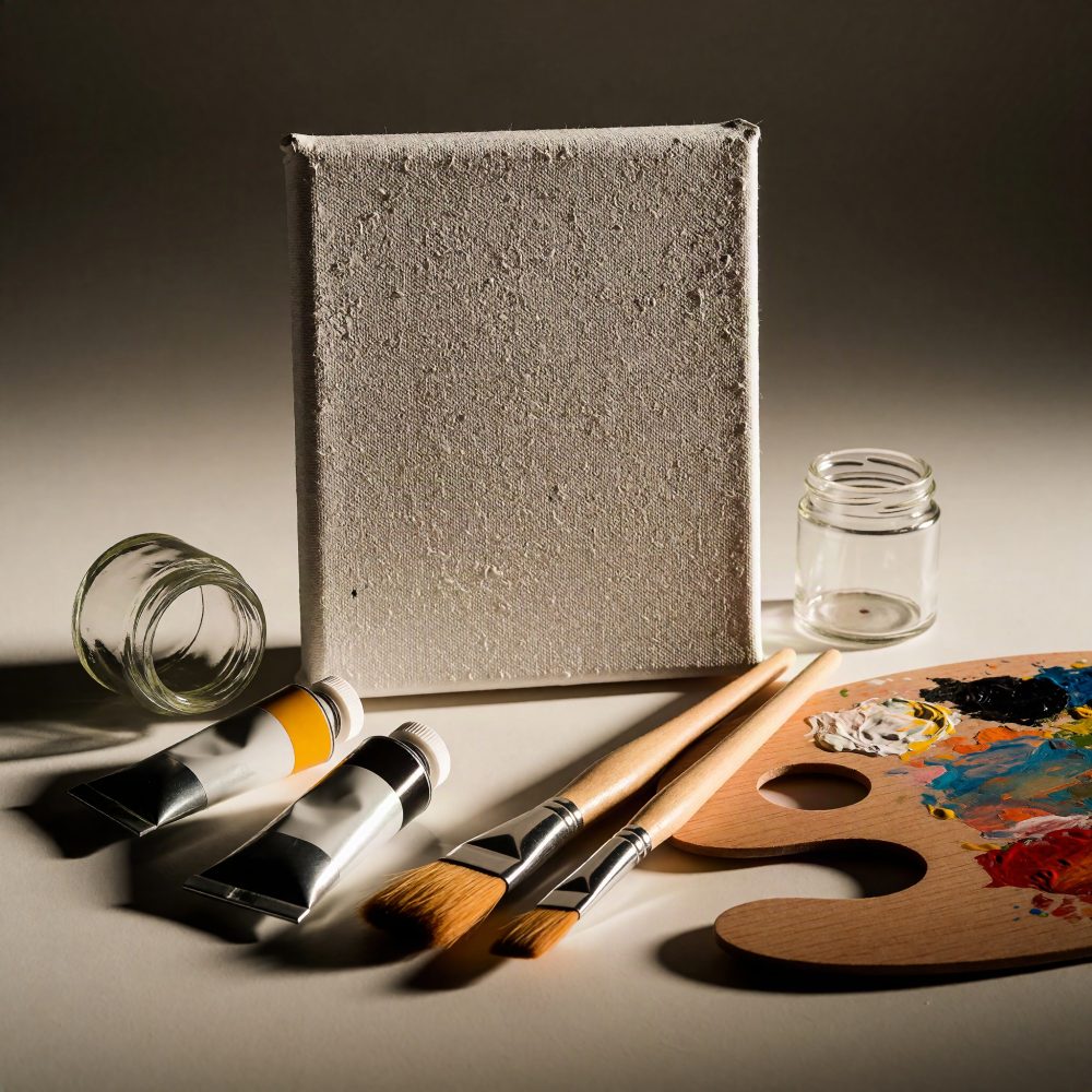 Conjunto de pintura com tela branca, tintas, pincéis, paleta com tinta e frascos de vidro