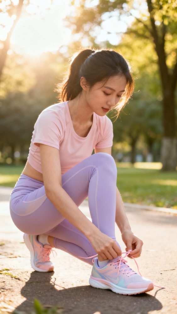 Mulher jovem a amarrar sapatilhas de corrida lilás e rosa num parque com luz de entardecer