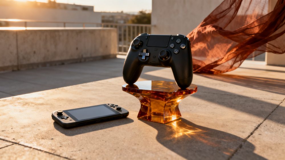 Comando de gaming preto sobre base acrílica âmbar e outro comando no chão ao pôr do sol