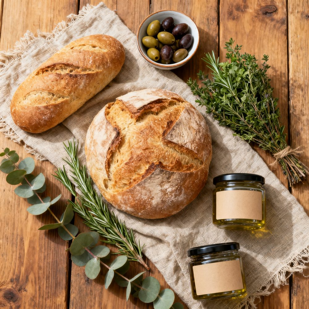 Pães rústicos, azeites em frascos, azeitonas e ervas frescas sobre tecido natural e mesa de madeira