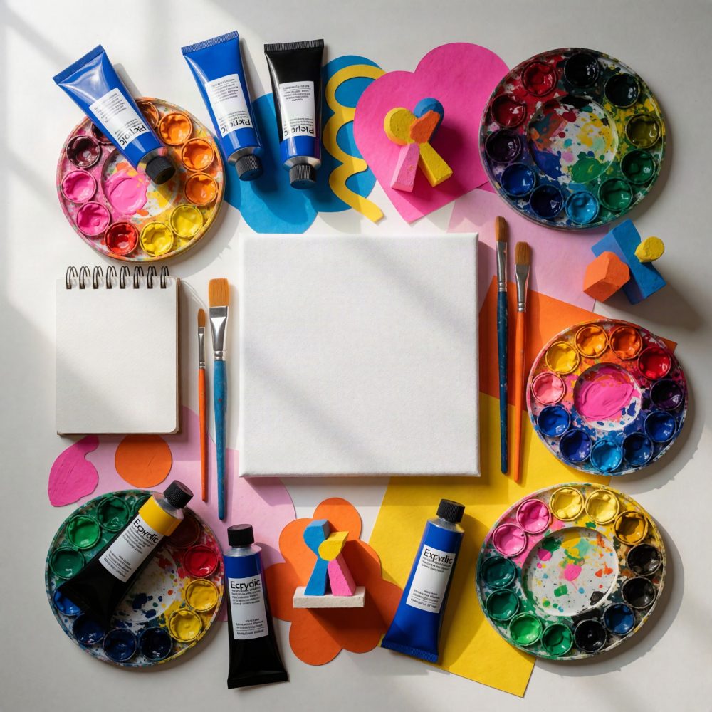 Materiais de pintura dispostos com tela branca, pincéis, tintas acrílicas e paletas coloridas