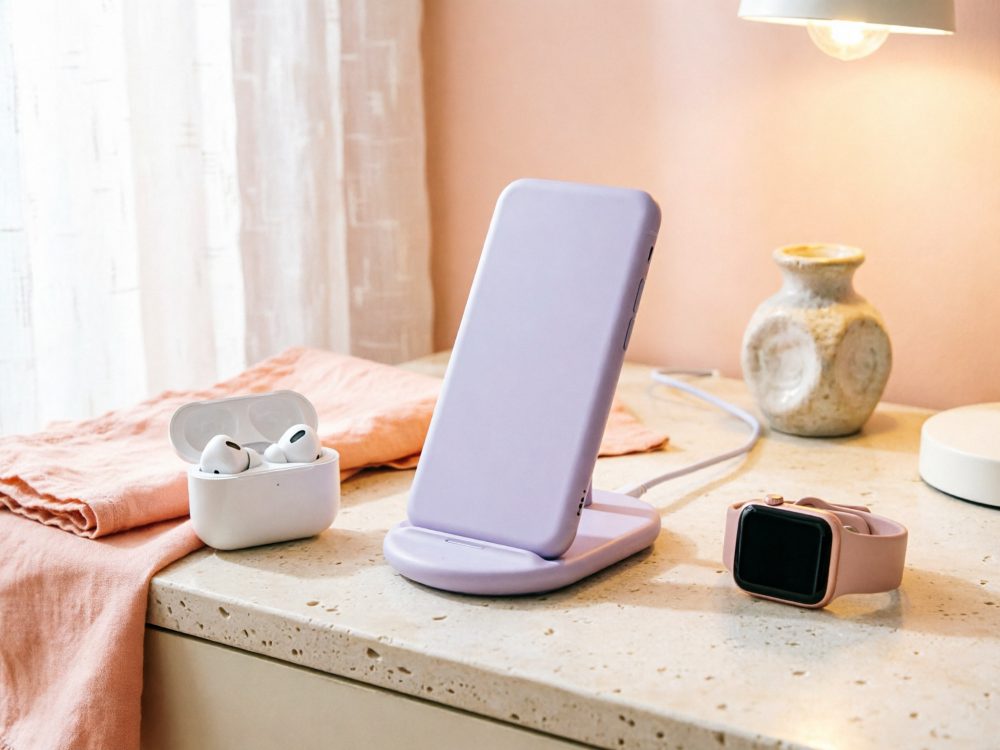 Carregador sem fios lilás, earbuds brancos e smartwatch rosa sobre mesa clara e têxtil laranja