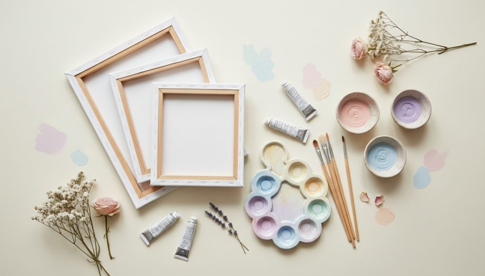 Conjunto de telas, pincéis, tintas pastel e flores secas organizados sobre superfície clara
