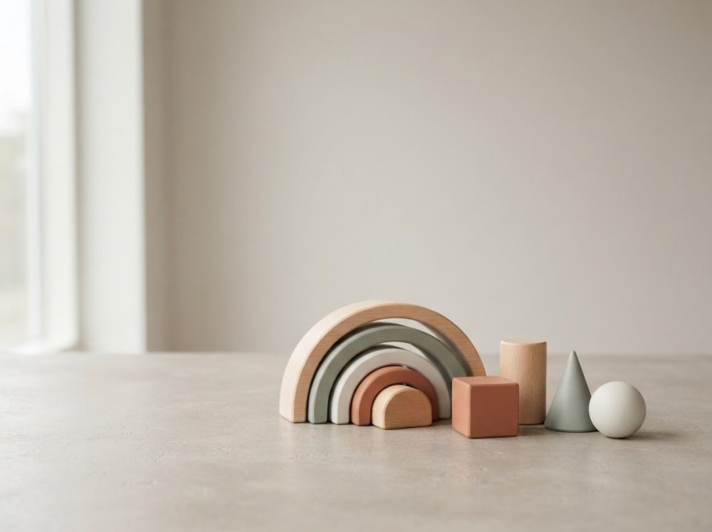 Conjunto de brinquedos de madeira com arco-íris e formas geométricas sobre superfície clara