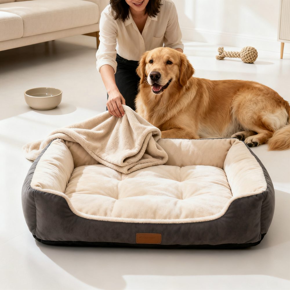 Cão de porte grande deitado junto a cama acolchoada e manta bege num espaço interior claro