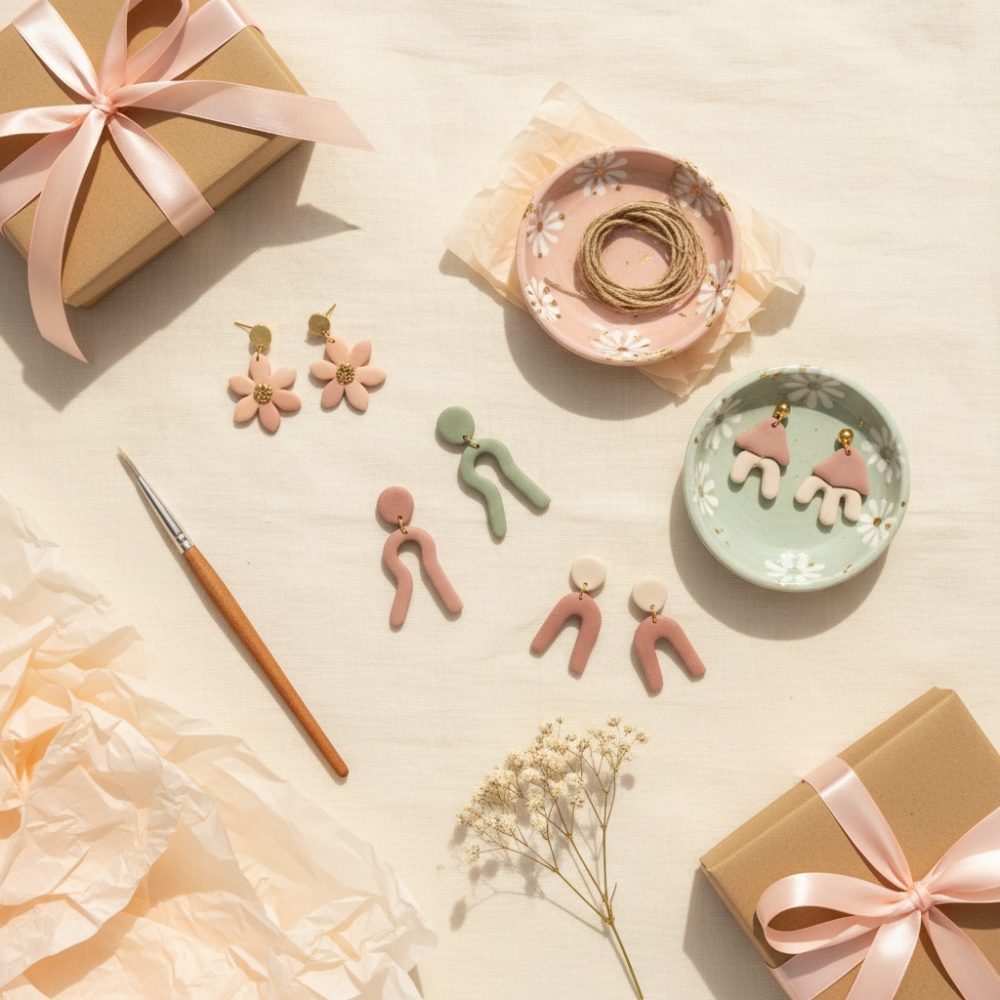 Brincos artesanais em tons pastel com embalagens castanhas e laços rosa sobre tecido claro