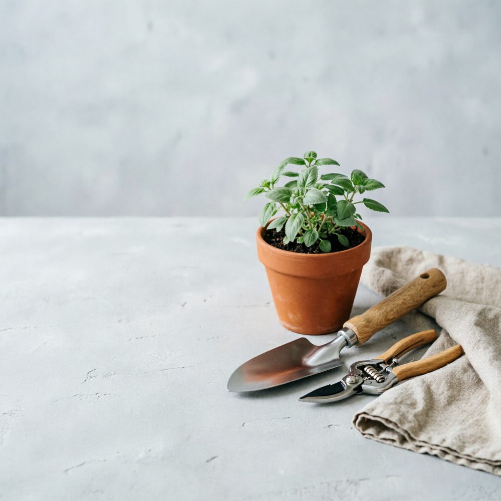 Vaso de barro com planta verde e ferramentas de jardinagem sobre pano bege em fundo cinzento claro