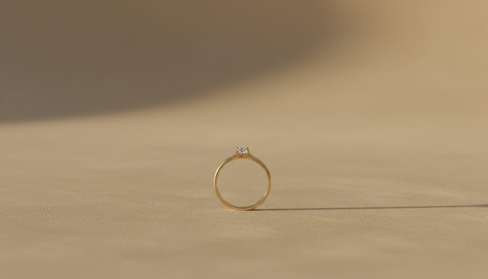 Anel de ouro amarelo com diamante solitário sobre fundo bege neutro