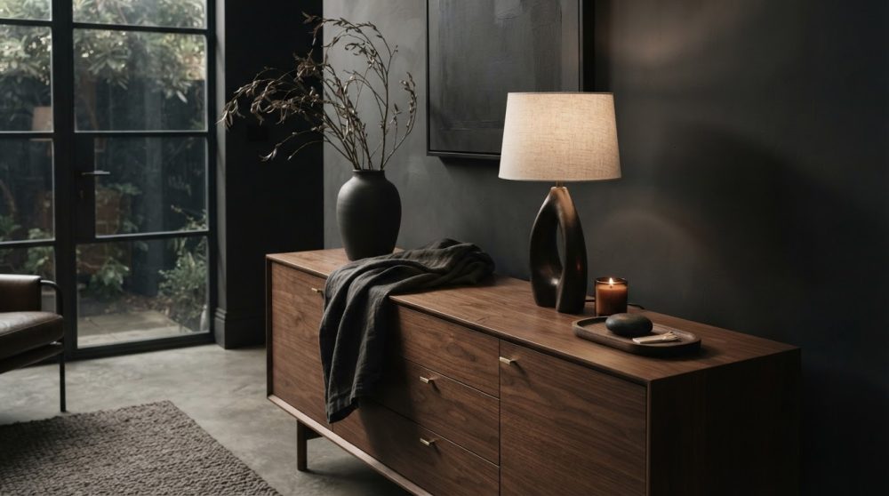 Aparador de madeira com candeeiro, vaso e vela em sala de design elegante com parede preta