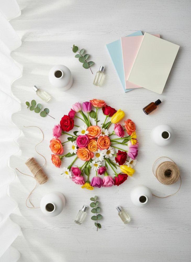 Composição circular de flores coloridas, vasos brancos, cordas, frascos de perfume e folhas verdes sobre fundo branco