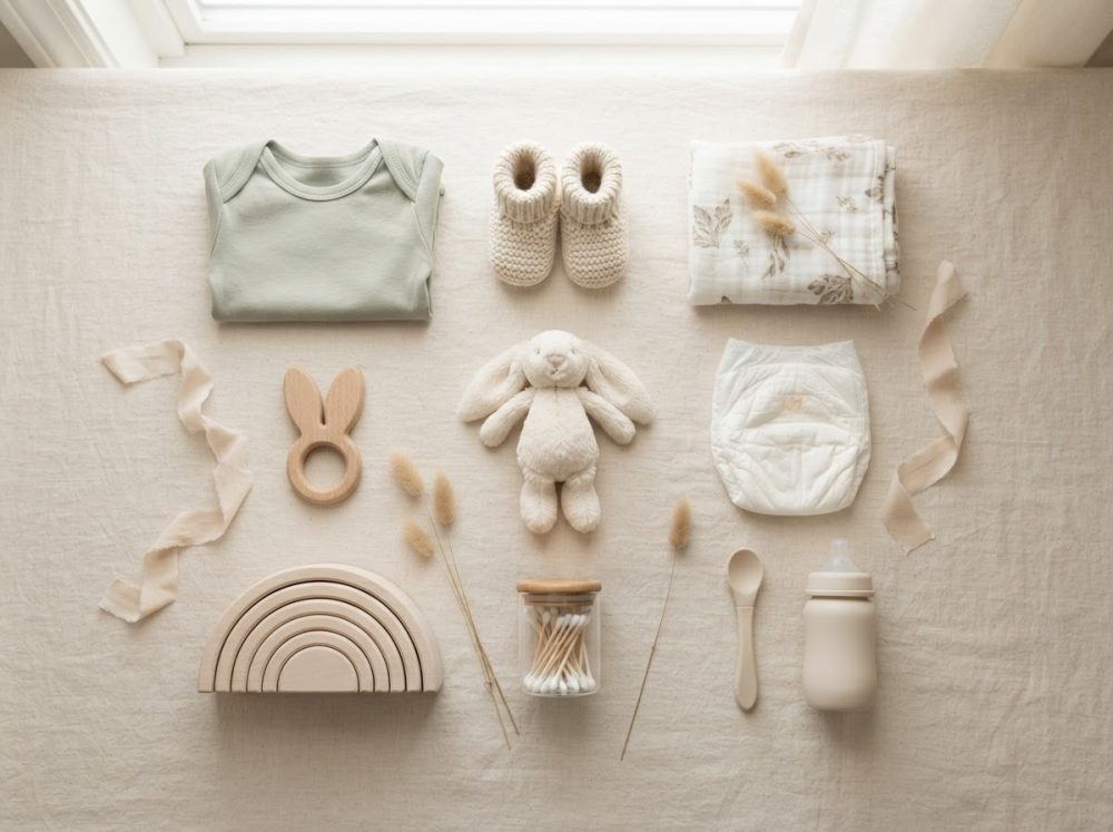 Kit de roupa e acessórios neutros para bebé organizados sobre tecido claro em ambiente suave e minimalista