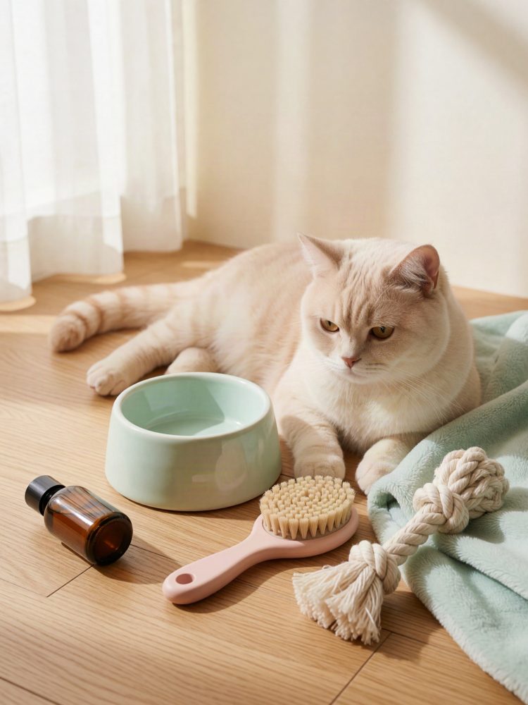 Gato creme deitado com comedouro verde, escova rosa, brinquedo de corda e frasco âmbar em chão de madeira