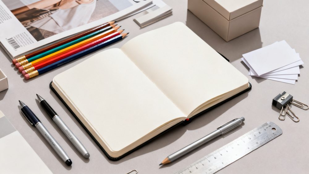 Caderno aberto com páginas em branco e material de escrita colorido sobre mesa clara