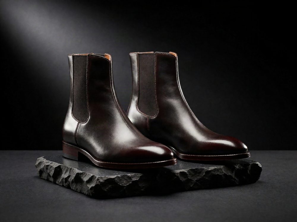 Par de botas Chelsea em pele castanha com base de pedra escura e fundo preto