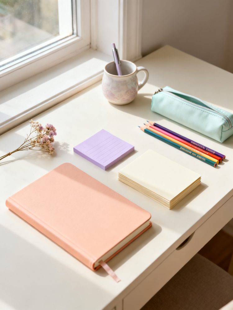 Mesa branca com caderno salmão, blocos de nota, lápis de cor, estojo azul claro, caneca com caneta e flores secas