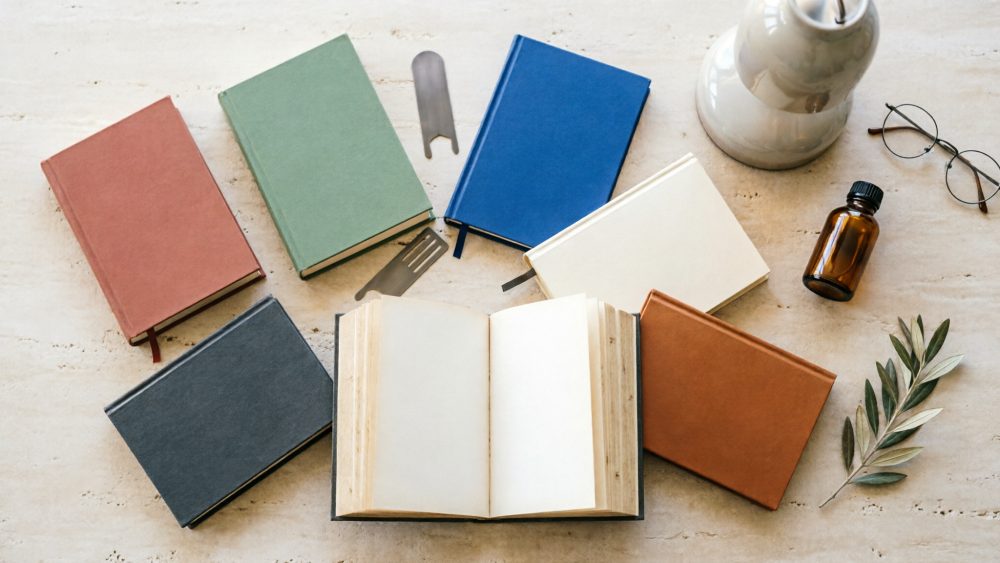 Livros coloridos de capa dura dispostos com acessórios sobre mesa clara