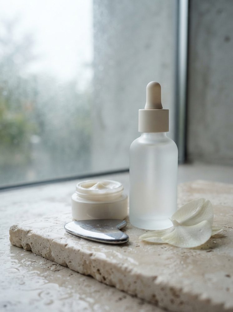 Frasco de sérum com conta-gotas, creme hidratante aberto e pétalas brancas sobre pedra texturada junto à janela