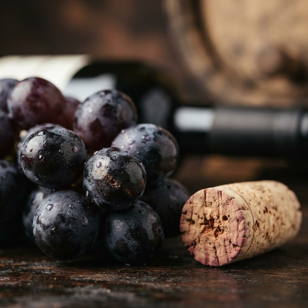 Ramo de uvas pretas com gotas de água, rolha com cor de vinho e garrafa desfocada ao fundo