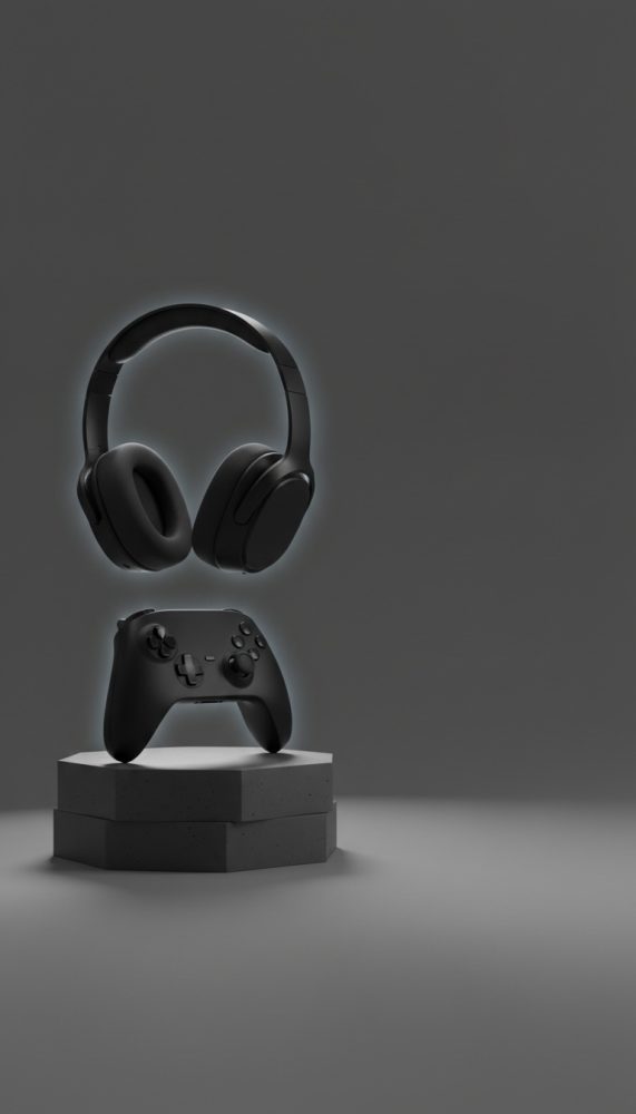 Auscultadores e comando gaming preto em suporte hexagonal iluminado