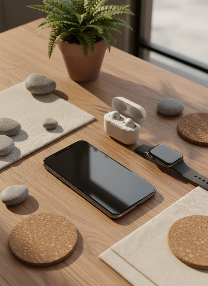 Smartphone, auscultadores sem fios e smartwatch sobre mesa de madeira com plantas e pedras decorativas