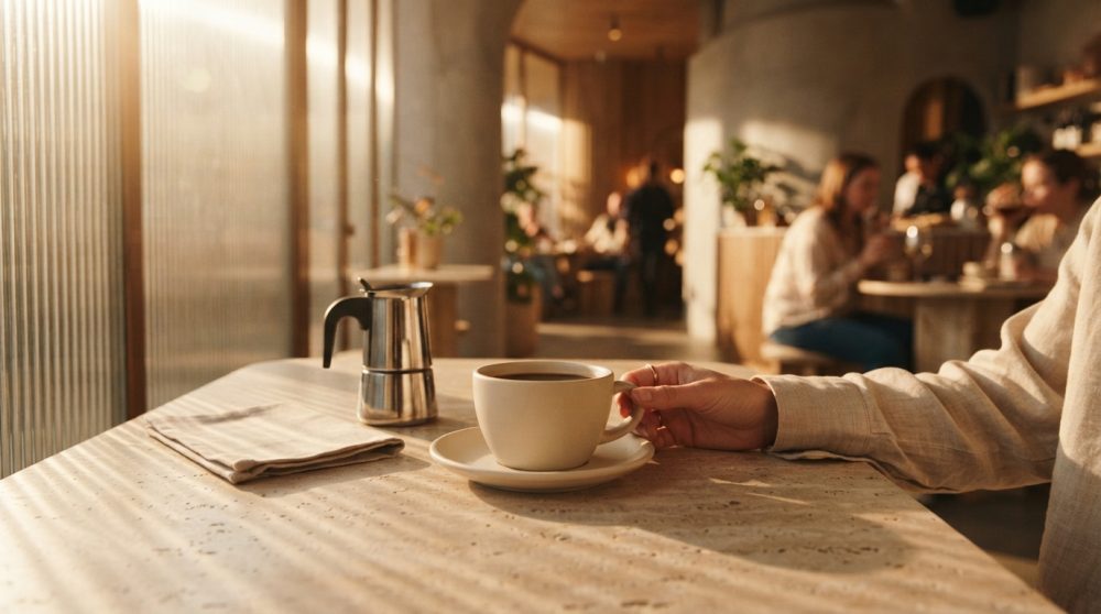 Mão segurando chávena de café branca numa mesa com cafeteira italiana e pessoas num café ao fundo