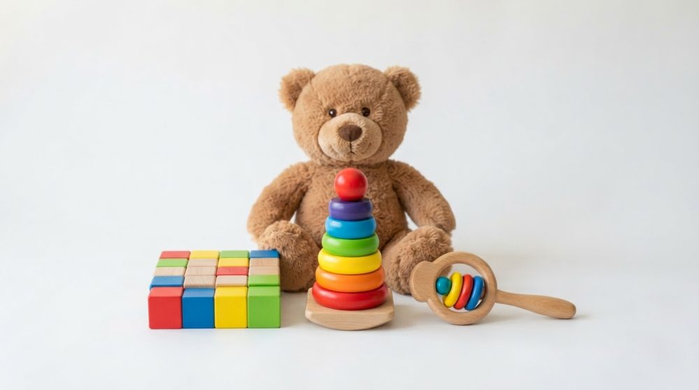 Urso de peluche castanho com brinquedos coloridos de madeira em fundo branco