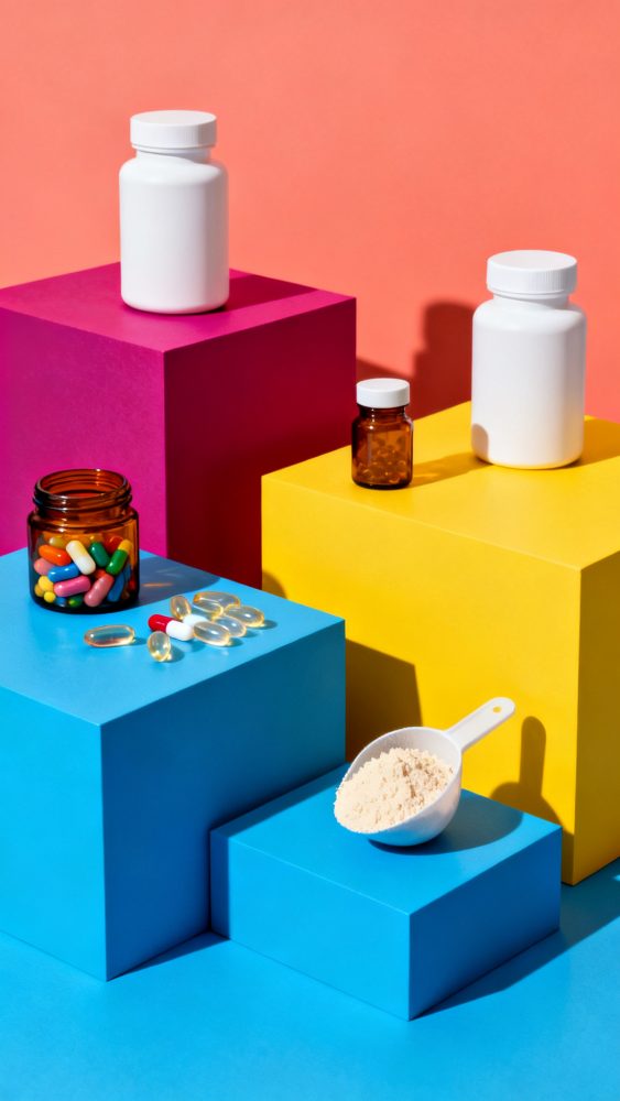 Frascos brancos, castanhos com cápsulas e pó em colher sobre blocos coloridos para suplementos