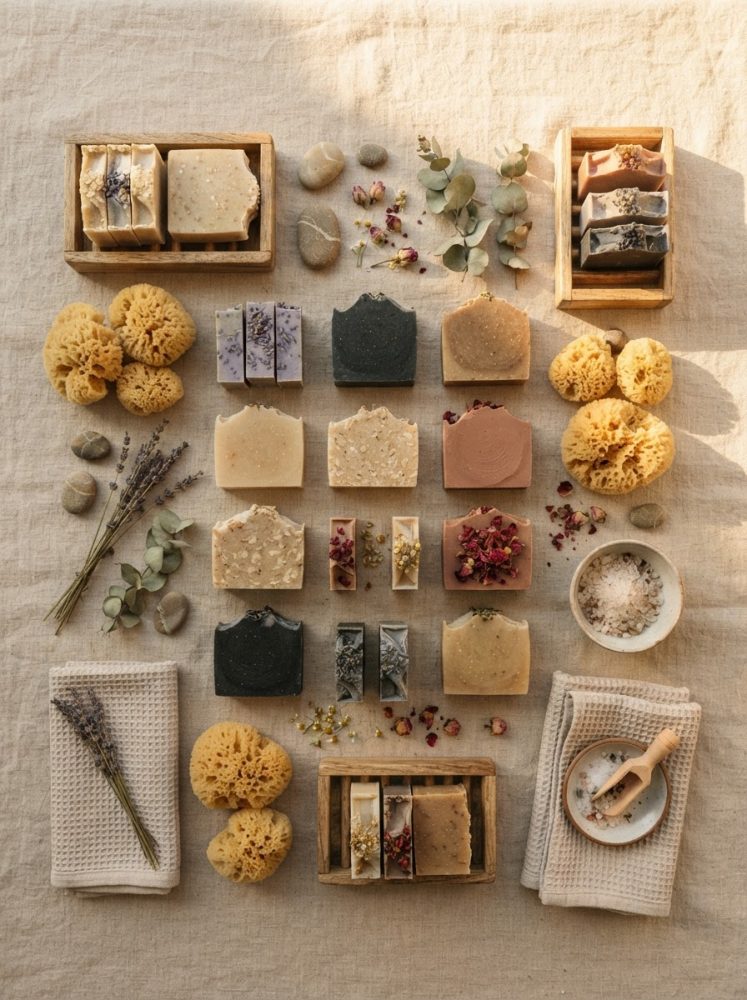 Conjunto de saboarias artesanais naturais com esponjas, flores secas e pedras sobre tecido bege