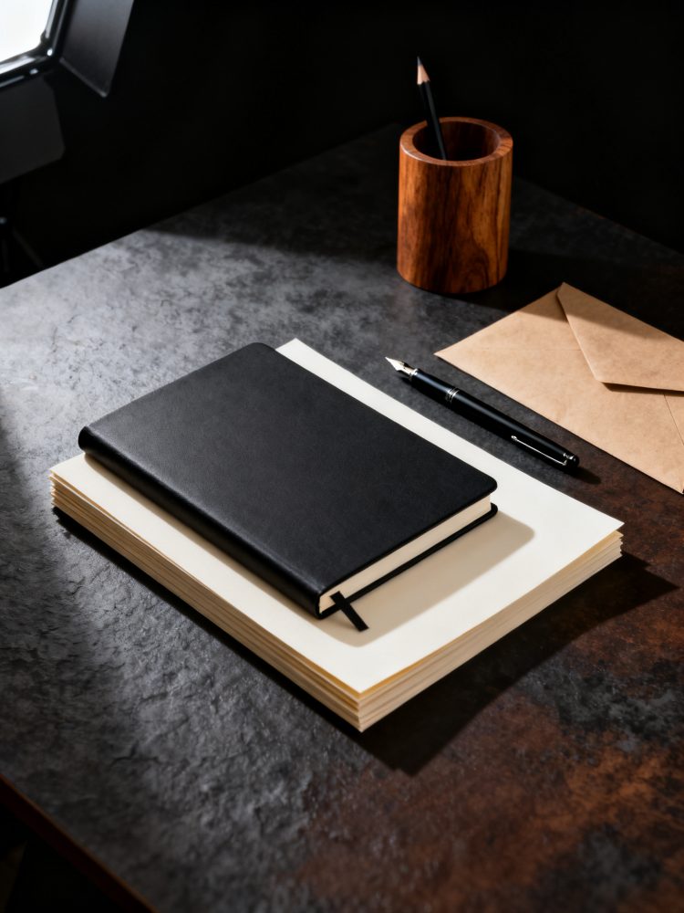 Caderno preto sobre folhas brancas, envelope castanho, caneta preta e suporte de lápis em madeira numa mesa escura