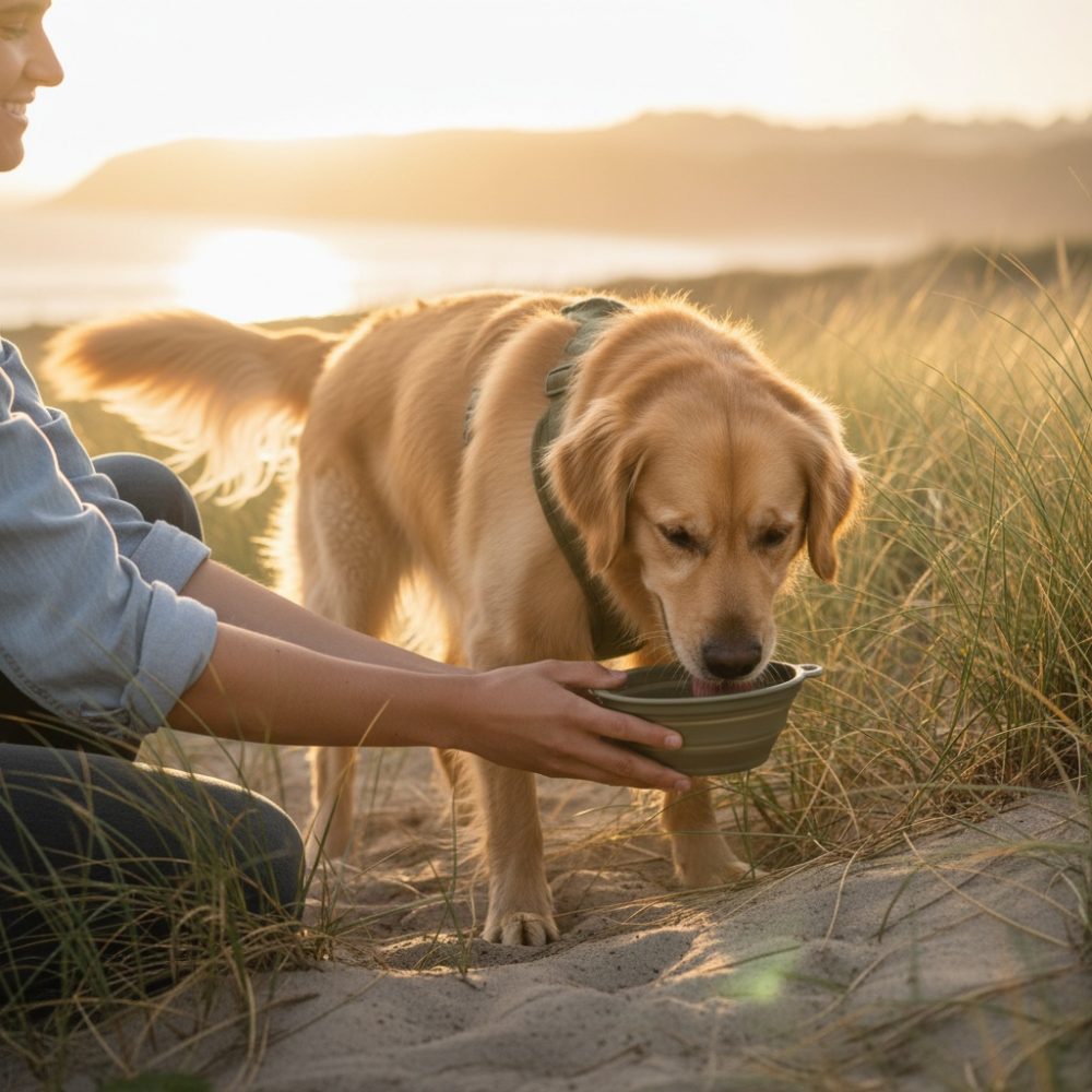 Golden retriever bebe água em praia, mãos seguram tigela, pôr do sol ao fundo