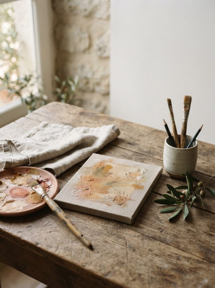 Mesa rústica com tela pintada, pincéis em vaso cerâmico, paleta de tinta e toalha de linho