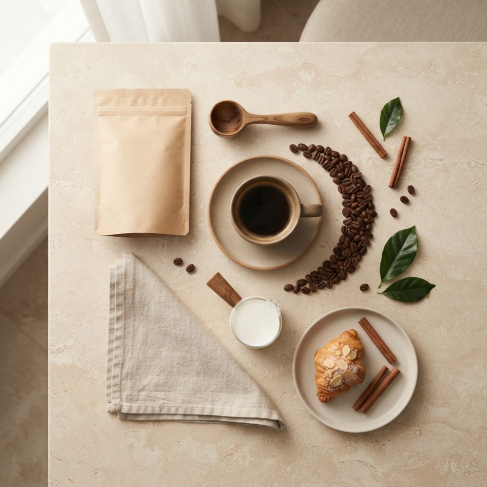 Mesa clara com chávena de café, croissant, grãos de café, paus de canela e saco de papel