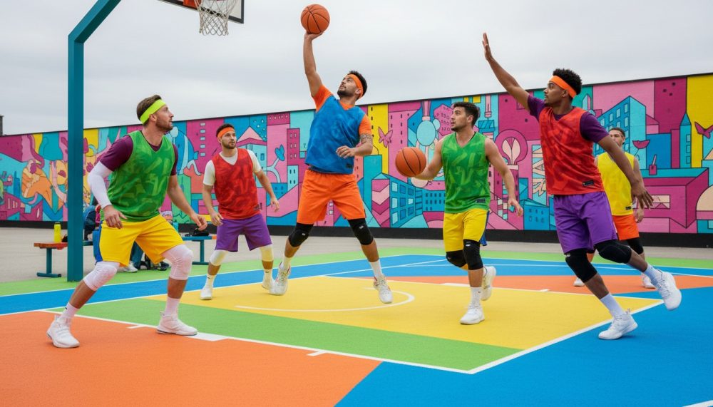 Jogo de basquetebol ao ar livre com seis jogadores em equipamentos coloridos e mural urbano ao fundo