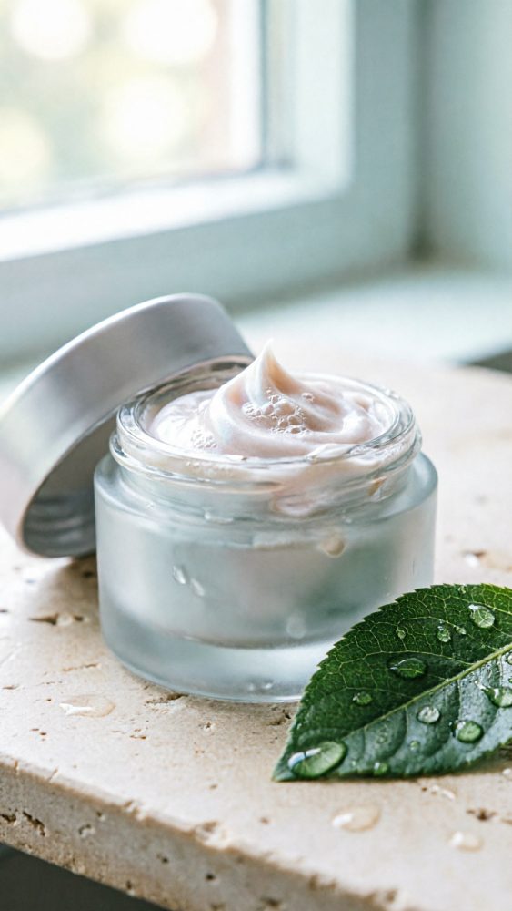 Frasco aberto de creme facial em vidro fosco com folha verde e gotas de água