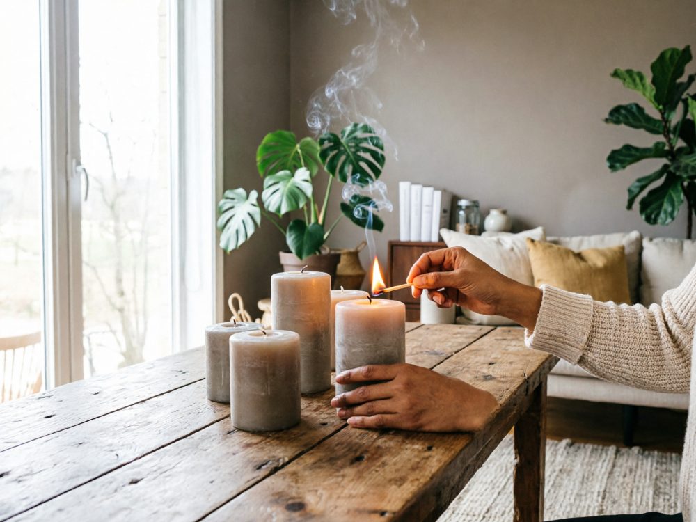 Pessoa a acender uma vela cinza numa mesa de madeira num ambiente interior com plantas e sofá