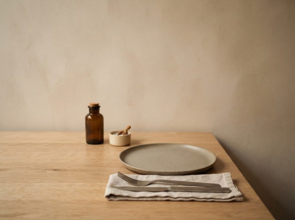 Mesa com prato cinzento, talheres, guardanapo e frasco âmbar em ambiente minimalista de restauração
