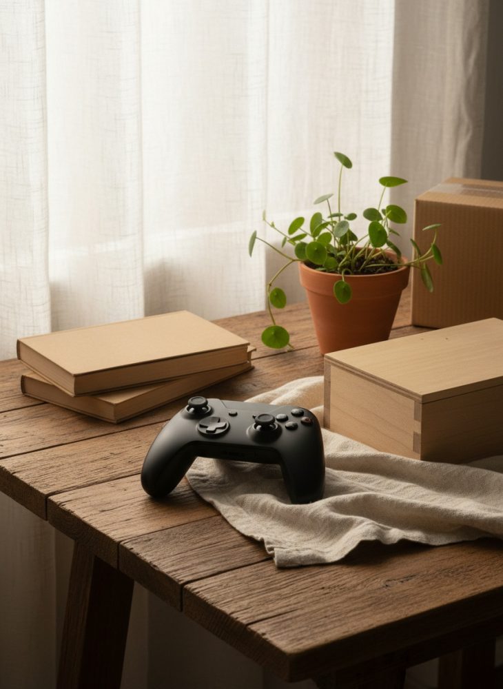 Comando de videojogos preto sobre mesa de madeira rústica com planta, livros e caixa de madeira