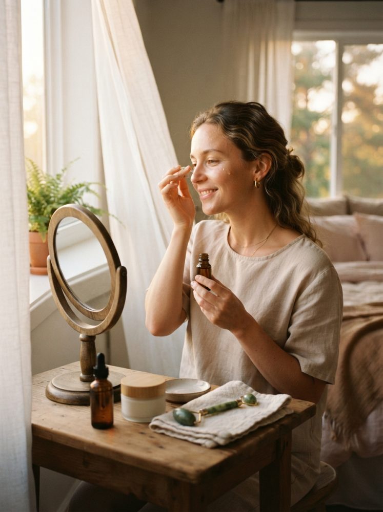 Mulher a aplicar sérum facial junto a espelho redondo numa mesa com produtos de beleza