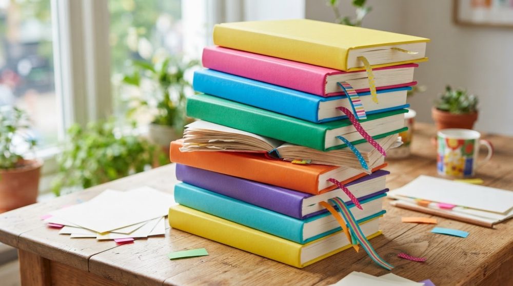 Pilha de livros coloridos com fitas no meio sobre mesa de madeira perto de janela