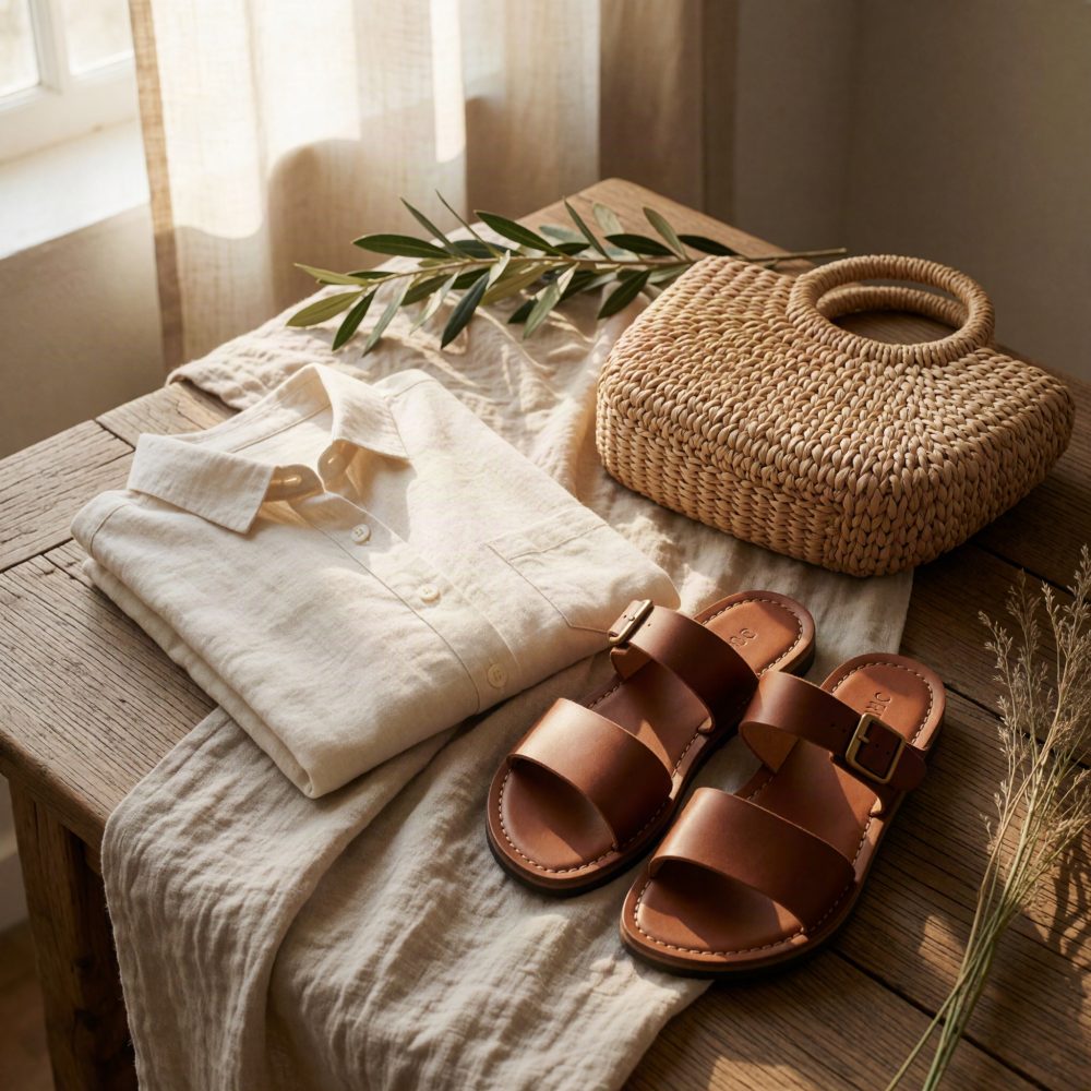 Camisa bege, sandálias castanhas e bolsa de palha sobre mesa de madeira com luz natural