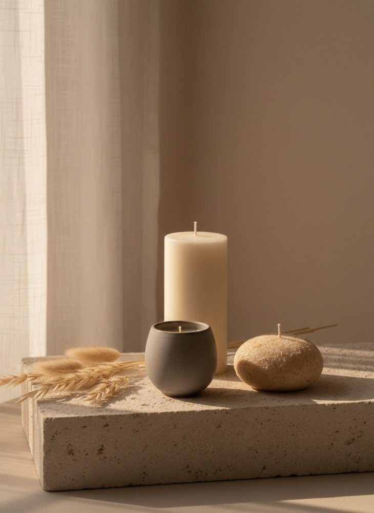Três velas decorativas em tons neutros sobre base de pedra com luz suave e elementos naturais ao lado