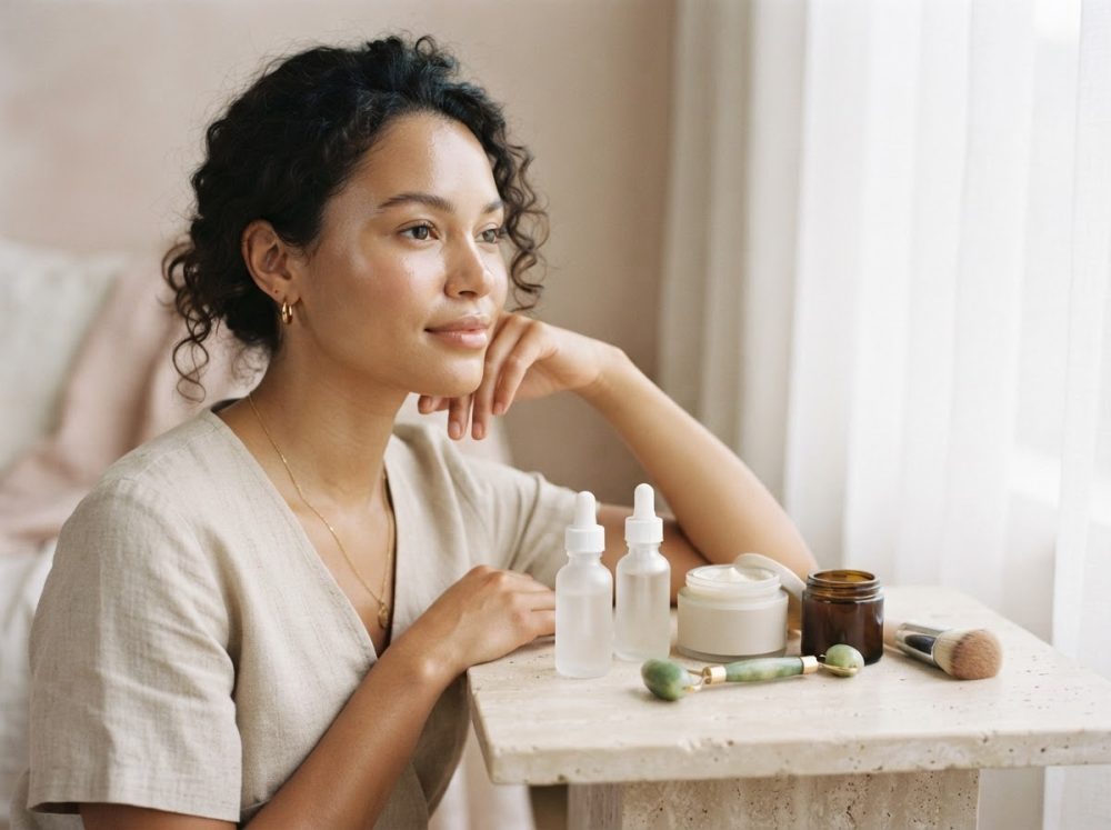 Mulher com pele luminosa e produtos naturais de beleza sobre mesa perto de janela com luz suave
